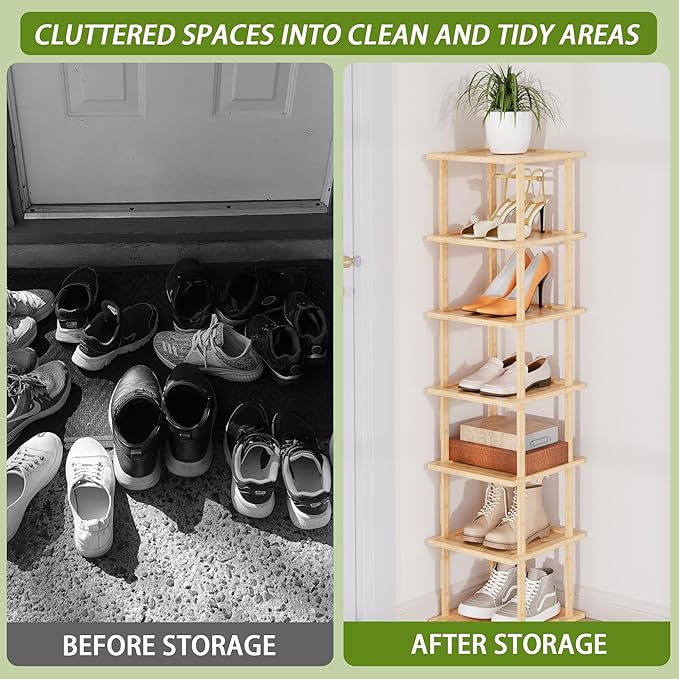 Vertical Tall Shoe Rack For Entryway - Tall 7 Tier Free Standing Slim Narrow Bamboo Wood Shoe Boots Storage Shelf Small Spaces For Garage Closet Doorway Garage Living Room Storage for Kitchen Bathroom
