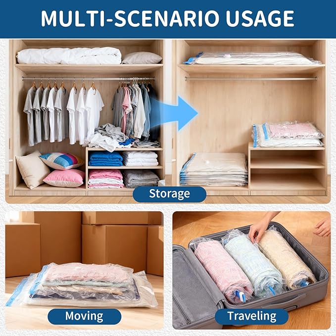 Vacuum Storage Bags for Clothing Travel,12 Pack Vacuum Bags with Pump,Space Saver Bags for Clothes Travel & Home(2 Roll-Up Bags,3 Small,3 Medium,2 Large,2 Jumbo)