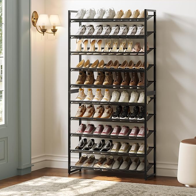 Shoe Rack,10 Tier Metal Shoe Organizer,Max Holds 50 Pairs,Heavy Duty Shoes Shelf for Garage, Entryway, Closet,Black