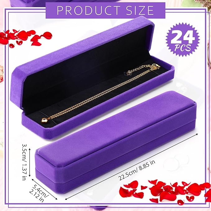Batiyeer 24 Pcs Velvet Bracelet Box Bulk Jewelry Chain Necklace Box Bracelet Storage Case Long Jewelry Case for Valentine Wedding Pendant Display, 8.86 x 2.13 x 1.38 Inch(Purple)