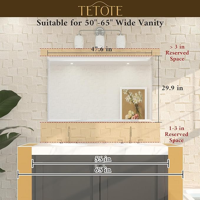 TETOTE 48" x 30" Large Rectangle Mirror with Frameless Tempered Beveled Edge for Vanity and Bathroom