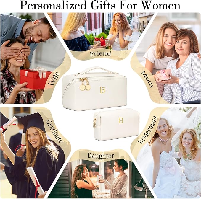 Valentine's Day Gifts for Women Teen Girl, Personalized Initial Makeup Organizer Bag Set, Open Flat Travel Cosmetic Bag With Clear Divider and Handle(Beige,B)
