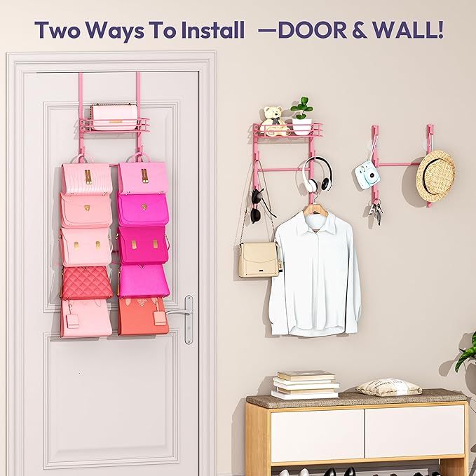 SWTYMIKI Over The Door Purse Organizer - Wall Mounted Handbag Organizer with 10 Hooks and Metal Basket, Hanging Purse Storage Rack Holds up to 10 Bags, Bag Rack Can Use As 1/2 Part, for Door, Closet