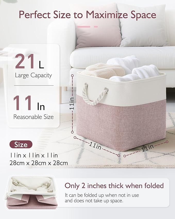 11 Inch Storage Cubes 4-Pack, Foldable Fabric Organizer Bins with Rope Handles, Cube Storage Baskets for Closet Shelves and Home Organization(White/Pink)