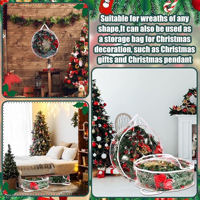 Zhengmy 5 Pcs 24 Inch Christmas Wreath Storage Bags Transparent Wreath Storage Container Bulk Wreaths Box with Dual Zippers and Handles for Xmas Holiday Wreaths Garland