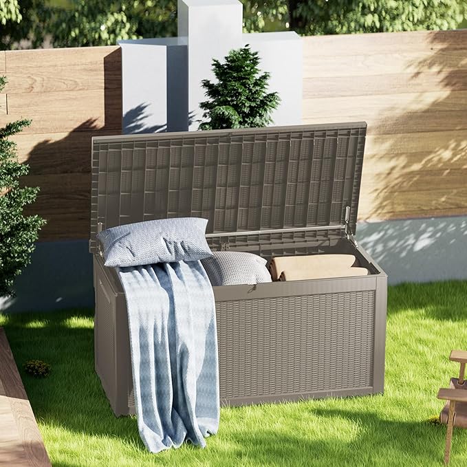 320 Gallon Lockable Resin Deck Box, Waterproof & UV-Resistant Outdoor Storage Box for Outdoor Cushion Storage, Garden Tools Accessories Storage, Gray