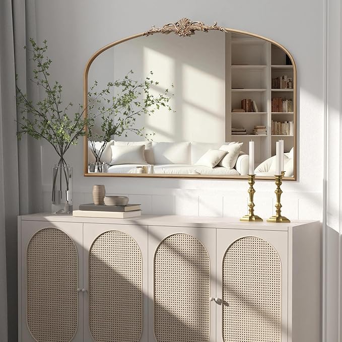 Besdomus Large Arched Vintage Mirror: 48"x33" Oversize Champagne Gold Antique Wall Mounted Mirror - Baroque Traditional Ornate for Fireplace/Bathroom/Living Room - Home Decor for Housewife