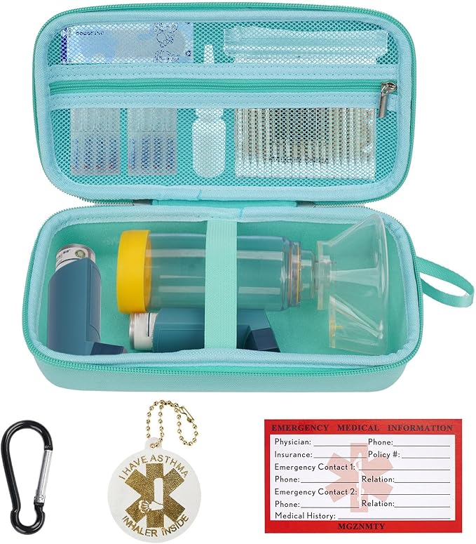 MGZNMTY Travel Carrying Case Compatible with Asthma Inhaler Spacer for Adults and Children, Masks, Inhaler Holder with Asthma Alert Tag and Medical Card, Carabiner (Only Case) (Green)