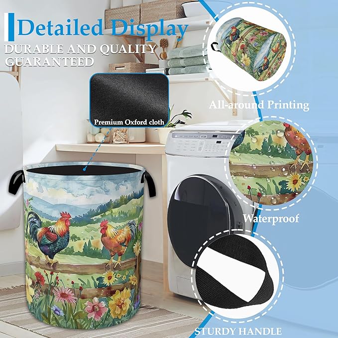 Rooster Laundry Hamper Farm Floral Laundry Basket Collapsible Portable Clothes Toy Storage Bin for Bathroom Bedroom Room Decor 16 X 20.8 Inch