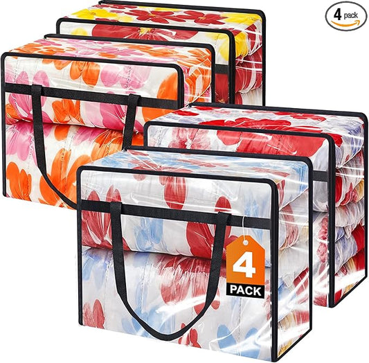 4 Pack Clear Clothes Storage Bags, Vinyl Blanket Storage Bag with Heavy-Duty Zipper, Foldable Moving Bags, Closet Organizers for Bedding, Comforter, Linens, Sweaters, Pillows, Toys (40L)