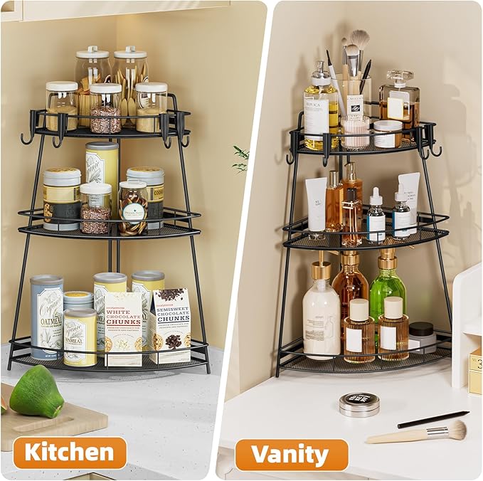 VITVITI 3 Tier Corner Bathroom Counter Organizer, Metal Bathroom Countertop Organizer Shelf Storage, Bath Room Sink Makeup Organizers for Vanity Skincare with Hooks, Black