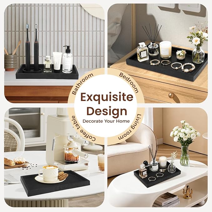 Artificial Travertine Tray, 12"x8" Perfume Tray for Bathroom Counter, Vanity, Home Organizer, Decorative Marble Trays for Perfume, Jewelry, Candles, Coffee, Rectangle, Black