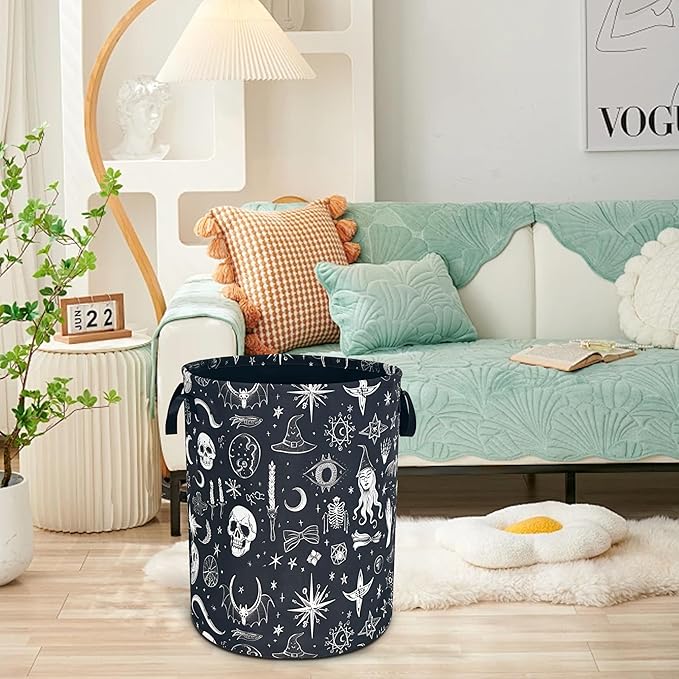 Witch Gothic Laundry Basket Skull Magic Oxford Cloth Laundry Hamper Funny With Handle Foldable Portable Clothes Storage Basket 18.9 X 16.5 In Storage Bag For Laundry Room/Bathroom/Bedroom/Dormitories