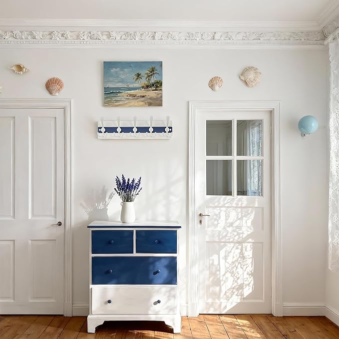 SKOLOO Coastal Wall Mounted Coat Rack - 16-7/8" Beach House Entryway Wooden Coat Hook with 5 Hooks for Hanging Coats, Hats or Towels, Oceanfront Cottage Core Collection, White & Blue