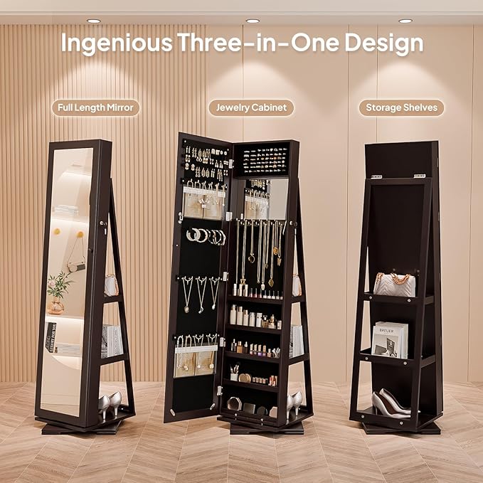 Bonnlo 360° Swivel Jewelry Mirror Cabinet with Inside Makeup Mirror,Full Length Mirror with Jewelry Storage, Lockable Standing Jewelry Armoire Organizer, Espejo Oon Almacenamiento for Bedroom,Brown