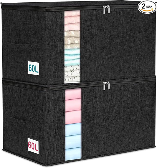 punemi 2 Pack Clothes Storage, Sturdy Blanket Storage Bags with Side Bottom Support, Storage Containers for Organizing Bedroom Closet Clothing Comforter, Organization and Storage W/Lids Handle,Black