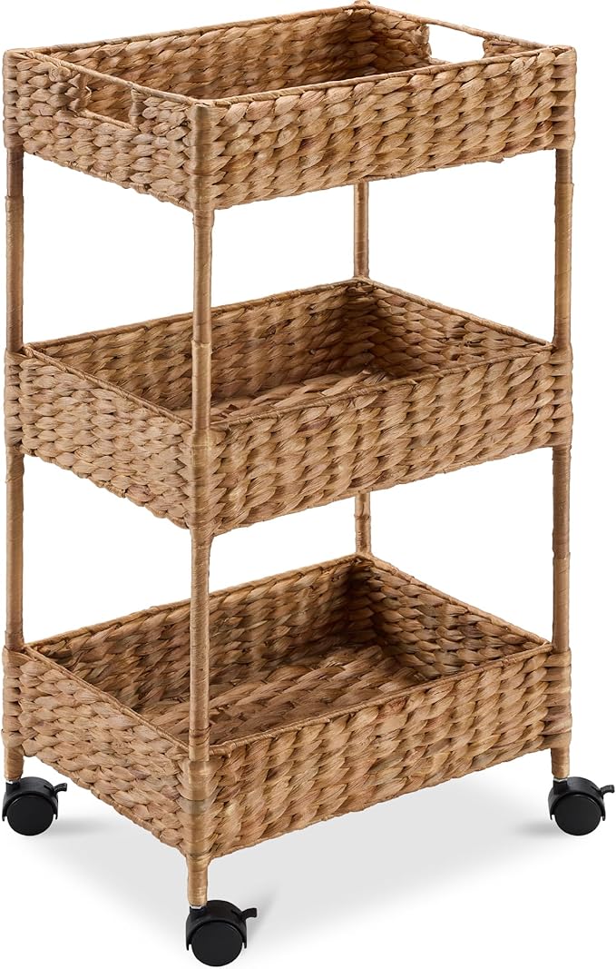 Best Choice Products 3-Tier Water Hyacinth Rolling Nursery Caddy w/Wheels, Utility Cart, Storage Organization for Bathroom, Craft Room, Laundry Room– Chestnut