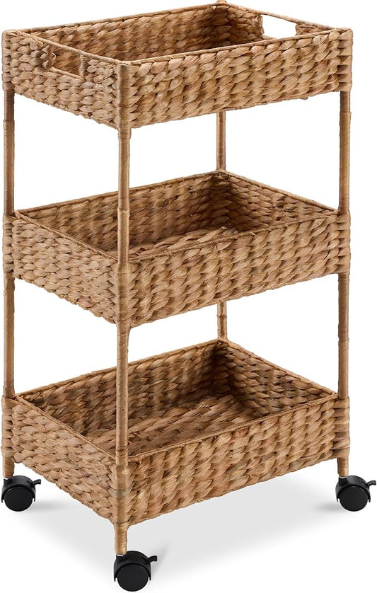 Best Choice Products 3-Tier Water Hyacinth Rolling Nursery Caddy w/Wheels, Utility Cart, Storage Organization for Bathroom, Craft Room, Laundry Room– Chestnut