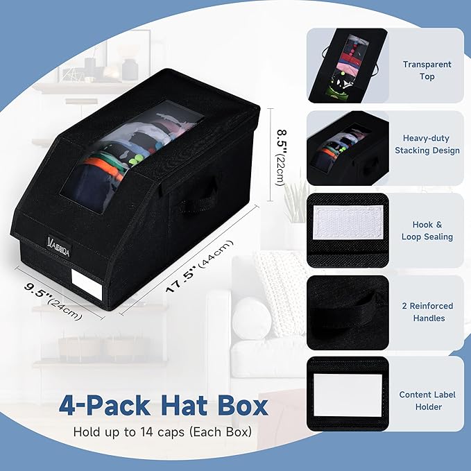 VAESIDA Hat Organizer for Baseball Caps, 4 Pack Hat Storage Box, Holds up to 56 Caps, Baseball Cap Organizer for Closet/Shelf, Hats Box Holder | Stackable, Foldable, Easy-Access, Clear Lid, Black