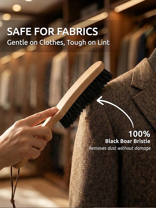 TAKAVU Clothes Brush Hat Brush, Black Boar Bristle Lint Brush with Large Beech Wood Handle - Perfect for Pet Hair, Suits, Velvet, Cashmere, Wool, Suede, Shoe - Effective Lint Remover