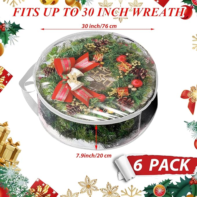 6 Pack Wreath Storage Container, 30" Wreath Storage Bag, Plastic Bag Storage Comforter Storage Bag with Sturdy Handles for Clothes, Bed Sheet, Pillow & Blanket, White