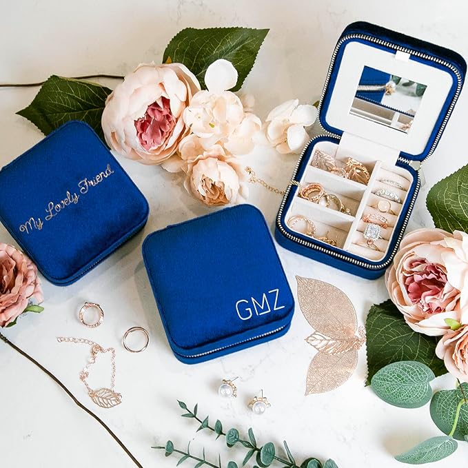 Customizable Compact Velvet Jewelry Box with Mirror, Travel Jewelry Case, Travel Jewelry Organizer, Jewelry Box for Women and Girls, Small Jewelry Organizer (Center Text, Winter Blue)