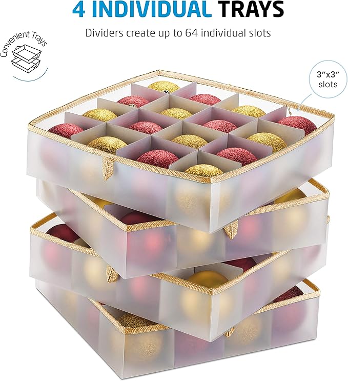 ZOBER Christmas Ornament Storage Box Plastic - Stores 64 3" Ornaments with Individual Trays - Ornament Organizer Storage Box, Durable Christmas Containers Holder - Gold