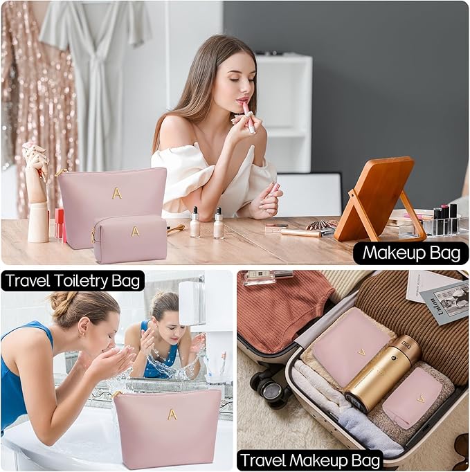 Valentine's Day Gifts for Women Girlfriend Initial Makeup Bag for Teen Girls Personalized Gifts for Friend Teacher Mom Wife Cosmetic Travel Toiletry Bag(Pink,A)