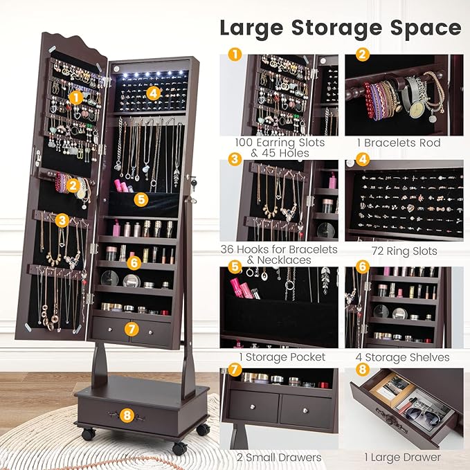 CHARMAID Rolling Jewelry Armoire with Full Length Mirror, Lockable Stand up Jewelry Cabinet with Lights and Wheels, Standing Jewelry Organizer with Drawers, Mirror with Jewelry Storage (Espresso)