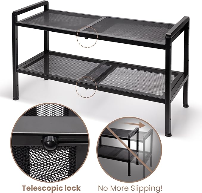Varhomax Expandable Shoe Rack for Entryway, 2-Tier Adjustable Shoe Organizer, Sturdy Black Metal Storage Shelf for Closet, Apartment, Dorm, Small Spaces