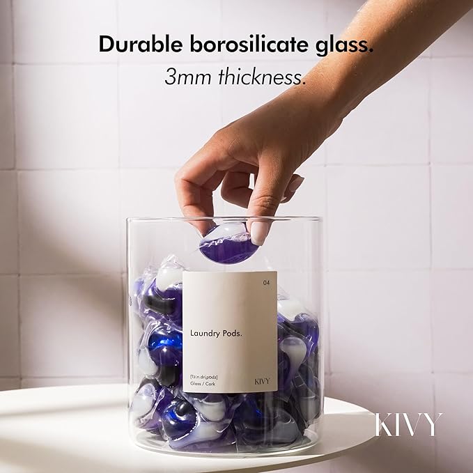 KIVY Glass Detergent Dispenser Container Set of 4 [INCL Labels] Large Glass jars for Laundry Room Organization Decor - Laundry soap dispenser for liquid detergent dispenser - Fabric softener dispenser