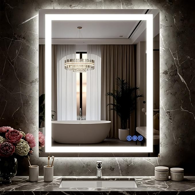 LED Bathroom Mirror with Lights 24"x32", Wall-Mounted Vanity Mirrors Front & Backlit Separate Light Control Stepless Dimmable Anti-Fog Memory 3 Color Temperatures Shatter-Proof Tempered Glass