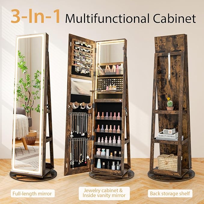 GOFLAME 360° Swivel Jewelry Cabinet Armoire with Full Length Mirror, Standing Jewelry Storage Organizer with Rear Storage Shelves, 3-Color LED Lights, Foldable Shelf, Interior Mirror, Rustic Brown