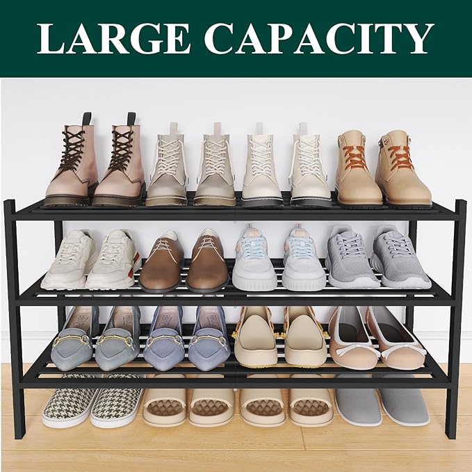 Smiry Long Bamboo Shoe Rack 3-Tier, Stackable Wooden Shoe Organizer for Entryway & Closet, Free Standing Wood Shoe Storage Shelf for Front Door & Small Spaces, Black