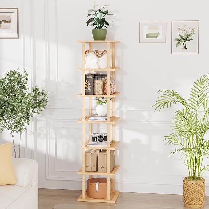 Vertical Tall Shoe Rack For Entryway - Tall 7 Tier Free Standing Slim Narrow Bamboo Wood Shoe Boots Storage Shelf Small Spaces For Garage Closet Doorway Garage Living Room Storage for Kitchen Bathroom