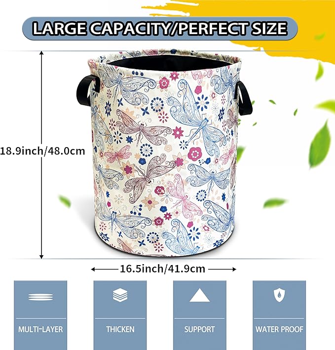 Dragonfly Laundry Basket Flowers Foldable Oxford Cloth Funny Tote Bag Laundry Hamper Clothes Storage Bucket Toy Organizer For Bathroom/Laundry Storage/Bedroom 18.9x16.5 Inch