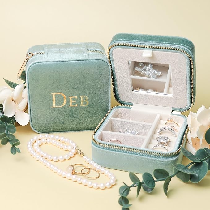 Customizable Compact Velvet Jewelry Box with Mirror, Travel Jewelry Case, Travel Jewelry Organizer, Jewelry Box for Women and Girls, Small Jewelry Organizer (Center Text, Mint Green)