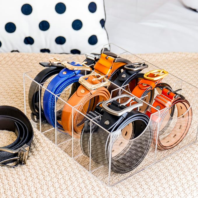 Belt Organizer, Acrylic Belt Storage Holder for Closet and Drawer, 14 Compartments Belt Container for Checkroom, Clear Belt Divider Display Case