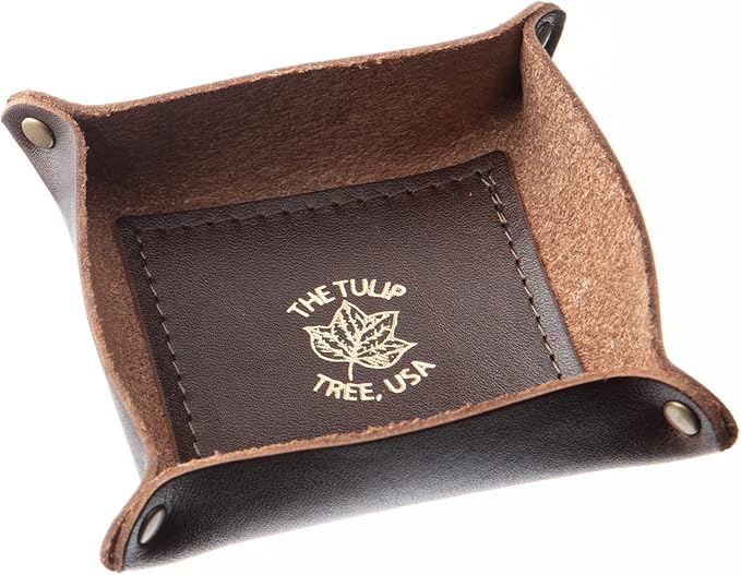 USA Handmade Premium Leather Valet Tray, Jewelry Organizer With Brass Rivets (Dark Walnut Brown, Mini)