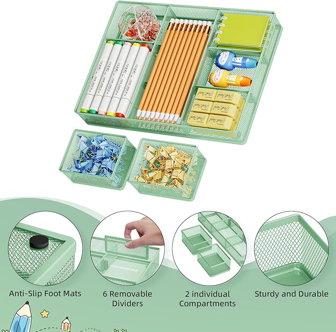 Marbrasse 3 Packs Desk Drawer Organizers, Metal Mesh Dividers with 9 Adjustable Compartments, Pen Organizer for Drawer Tray Box Accessories for Desktop,Kitchen, Makeup(Green)