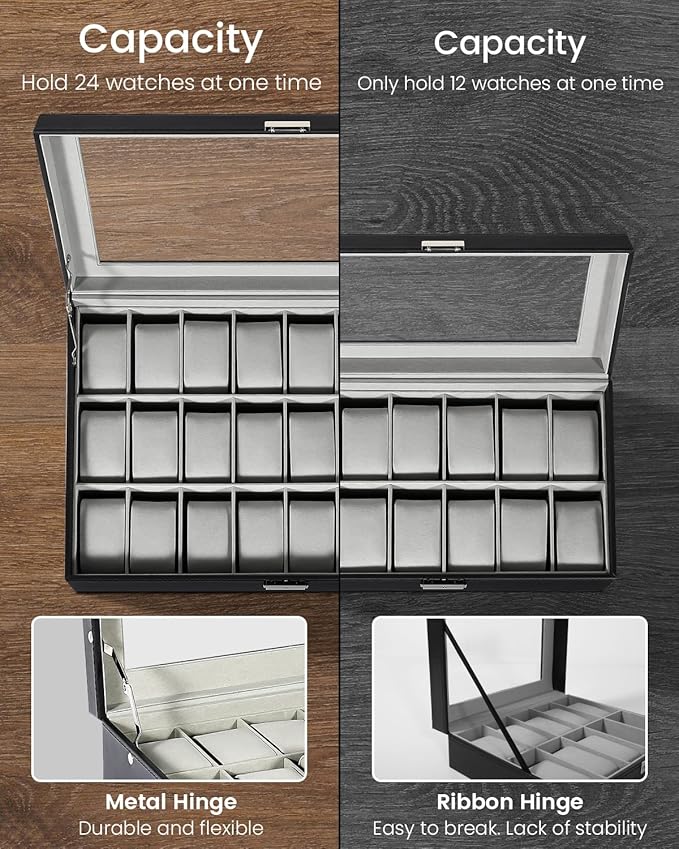 Uten Watch Box, 24 Slots Leather Watch Case, Watch Box Organizer Jewelry Storage with Large Glass Lid, Watch Display Case, Watch Box for Men & Women Gift