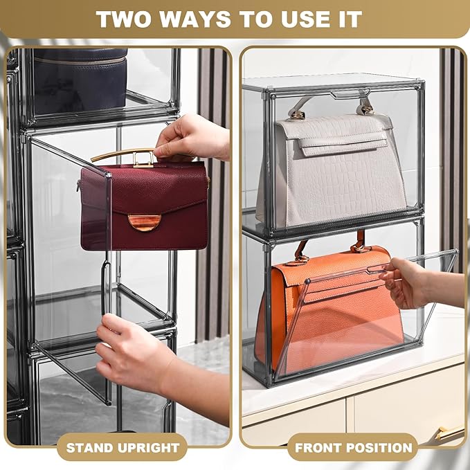 4 Pack Handbag Storage Organizer for Closet, ULENDIS Transparent Gray Acrylic Display Case for Handbag Purse, Stackable Storage Organizer with Magnetic Door for Wallet Book Cosmetic Toys Display