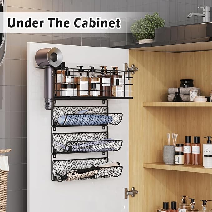 Wall-Mounted Hair Dryer Holder Styling Tool Organizer 4-Shelf Storage Wire Basket with Hook Heat Safe Rack for Hair-Straighteners,Curling Wands,Flat Iron,Perfume,Cabinet Door Bathroom Kitchen