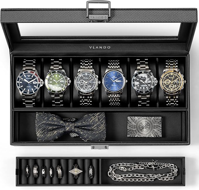 Vlando 6-Slot Watch Case for Men, Watch Box with Glass Lid, Storage for Rings, Keys, Business Textured Leather Organizer Display Case, Soft Pillow, Gifts for Fathers, Dad, Husband - Black