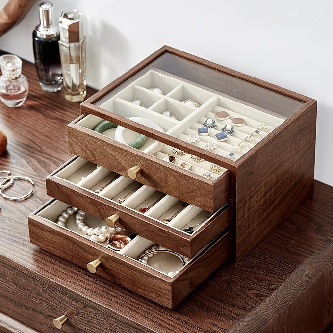 CHOSIN Black Walnut Wooden Jewelry Box for Women, 3-Layer Wood Jewelry Organizer with Glass Lid for Watches, Necklaces, Rings & Earrings Storage Valentine's Day Gifts