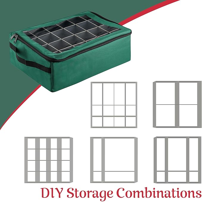 Ornament Storage Box - Zippered Organizer with 48 Individual Compartments and Dividers for Christmas Bulbs and Decorations by Tiny Tim Totes (Green)
