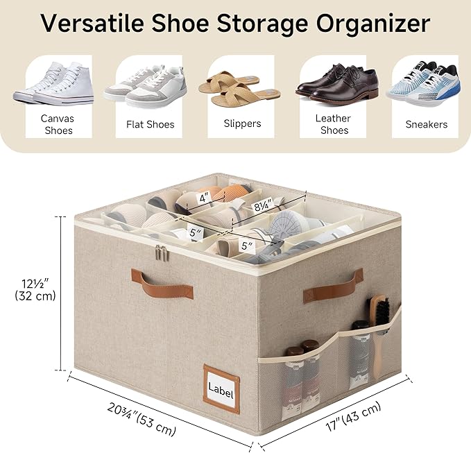 StorageWorks Shoe Oragnizer for Closet, 2 Pack Shoe Storage Cubes Holds Up to 16 Pairs, Space Saving Storage Boxes with Lid and Hanldes, Taupe