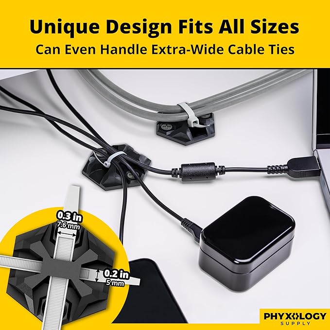 Rugged, Stylish Adhesive XL Zip Tie Mounts 100 Pack. Premium 1.5in Sticky Back Ziptie, Cord, and Cable Management Anchor Clips. Easy Peel and Stick Mounting Bases With Hanging Organizer Box Dispenser