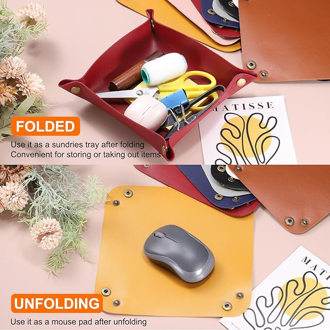 HARFINGTON 4pcs PU Leather Valet Tray Unisex Folding Small Catchall Tray Portable Entryway Table Tray Nightstand Bedside Desk Tray for Key Wallet Watch Coin Jewelry Dice, Dark Brown