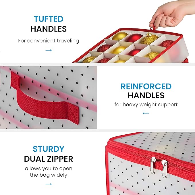 ZOBER Christmas Ornament Storage Box Plastic - Stores 64 3" Ornaments with Individual Trays - Ornament Organizer Storage Box, Durable Christmas Containers Holder - Red